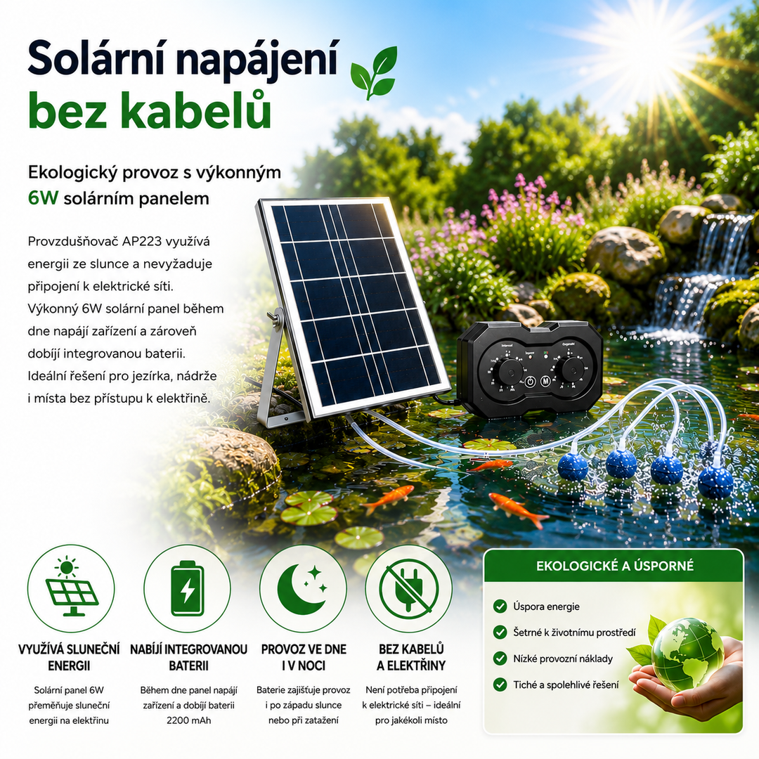 Solární provzdušňovač jezírka AP223 – 2200 mAh baterie, 2 režimy provozu, 72 časových režimů, 6W panel