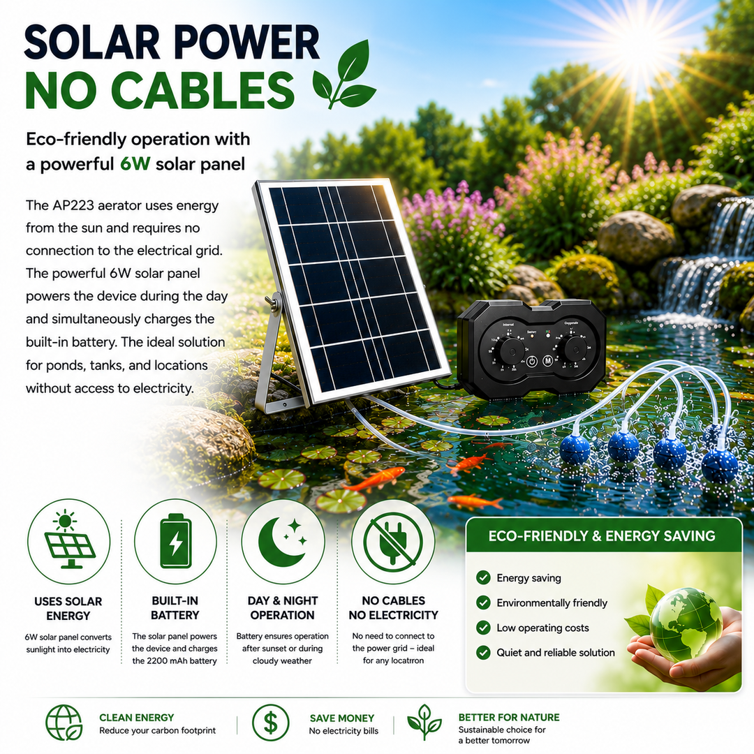 Solární provzdušňovač jezírka AP223 – 2200 mAh baterie, 2 režimy provozu, 72 časových režimů, 6W panel