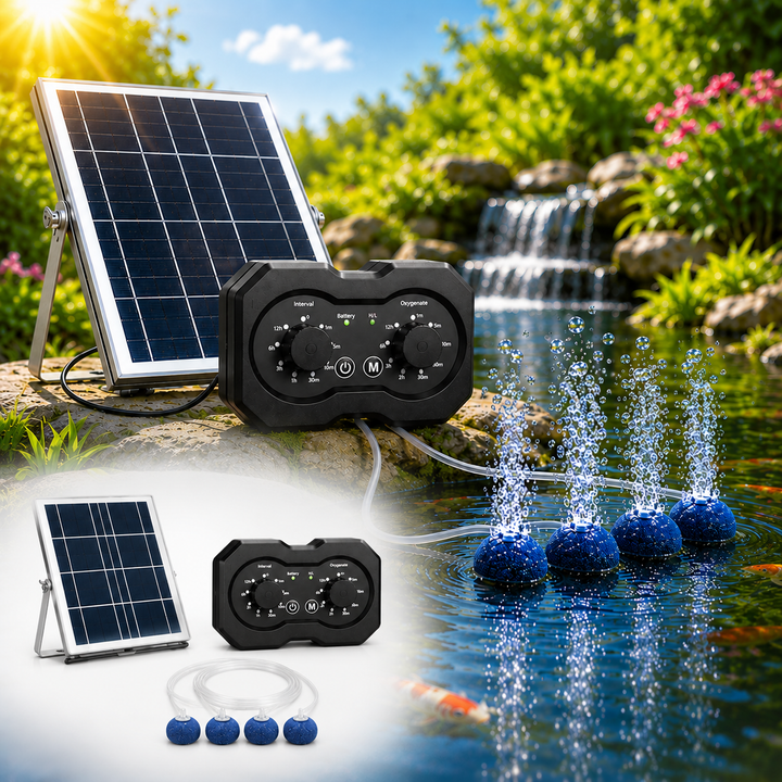 Solární provzdušňovač jezírka AP223 – 2200 mAh baterie, 2 režimy provozu, 72 časových režimů, 6W panel