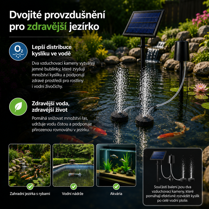 Fapiere Solární provzdušňovač jezírka AP016 – 2200 mAh baterie, 3 režimy, 8 W panel