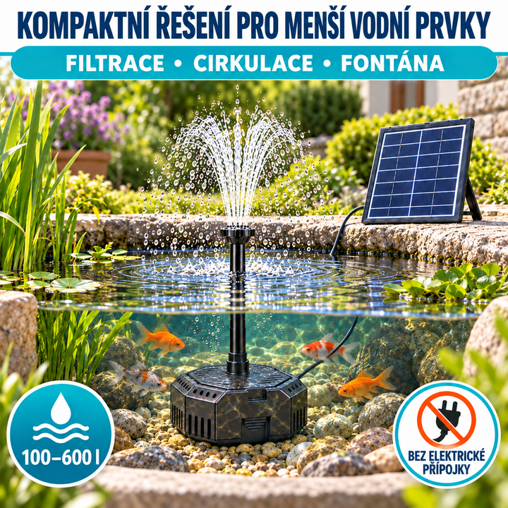 Solární jezírkový filtr s čerpadlem FA001 – 3000 mAh baterie, průtok 300 l/h, 8 trysek, 6,5 W panel