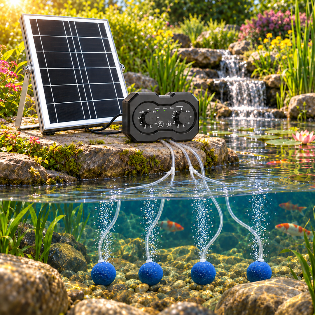 Solárny prevzdušňovač jazierka AP223 – 2200 mAh batéria, 2 režimy prevádzky, 72 časových režimov, 6W panel