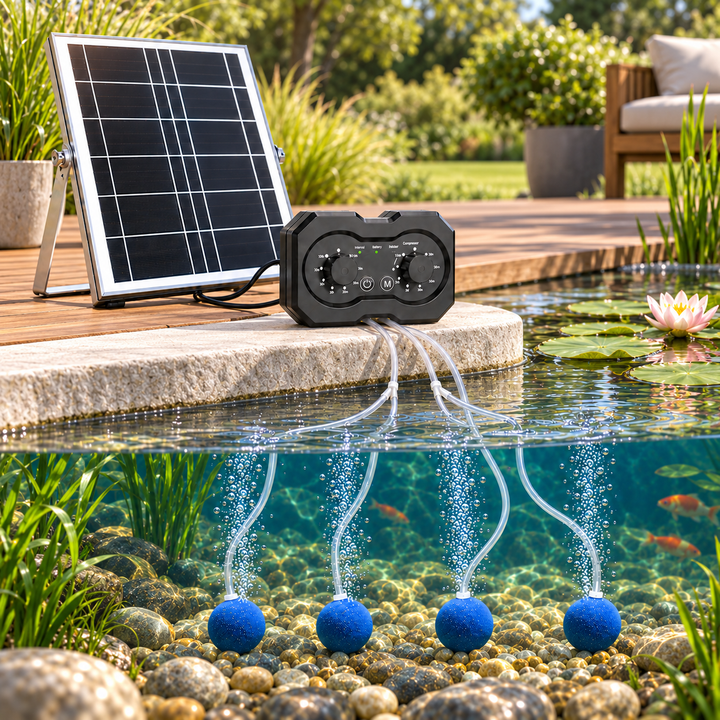 Solárny prevzdušňovač jazierka AP223 – 2200 mAh batéria, 2 režimy prevádzky, 72 časových režimov, 6W panel