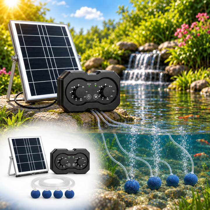 Solárny prevzdušňovač jazierka AP223 – 2200 mAh batéria, 2 režimy prevádzky, 72 časových režimov, 6W panel