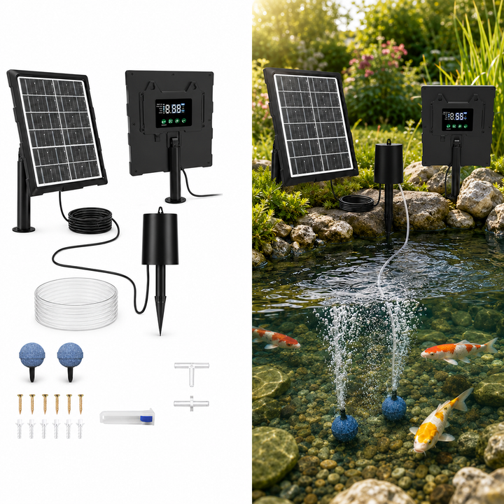 Solární provzdušňovač jezírka s LCD displejem AP221 – 2200 mAh baterie, 3 stupně výkonu, programovatelný časovač, 3W panel