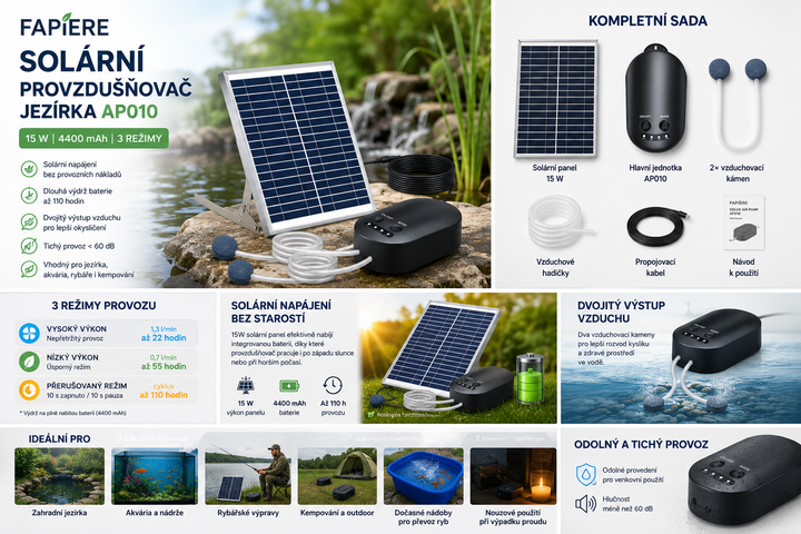 Solární provzdušňovač jezírka AP010 – 4400 mAh baterie, 3 režimy provozu, 15 W panel