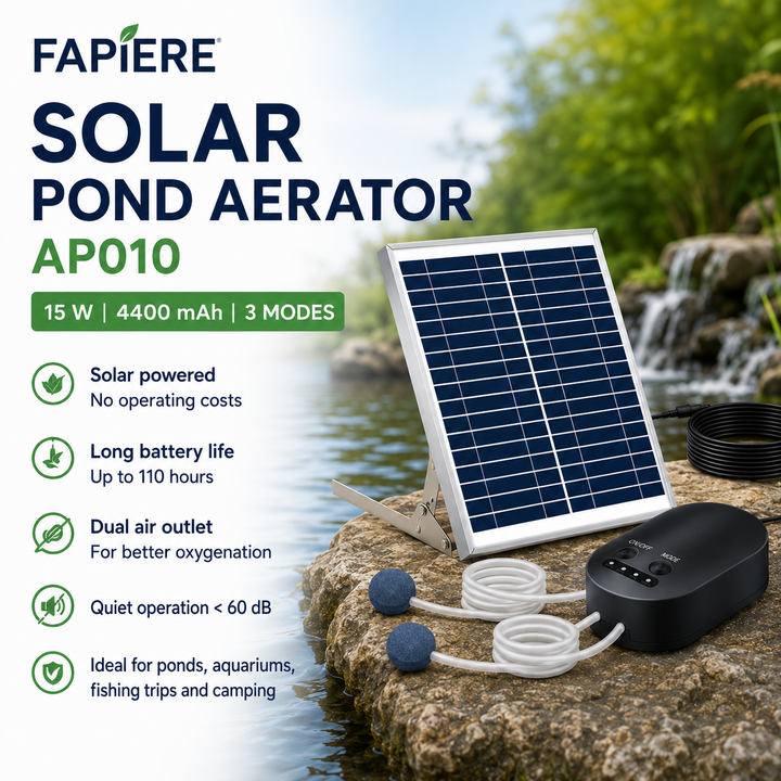 Solární provzdušňovač jezírka AP010 – 4400 mAh baterie, 3 režimy provozu, 15 W panel