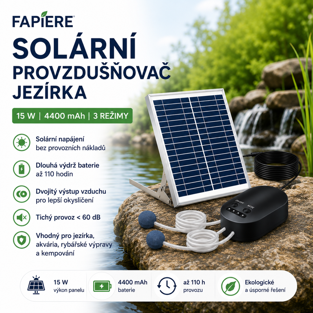 Solární provzdušňovač jezírka AP010 – 4400 mAh baterie, 3 režimy provozu, 15 W panel