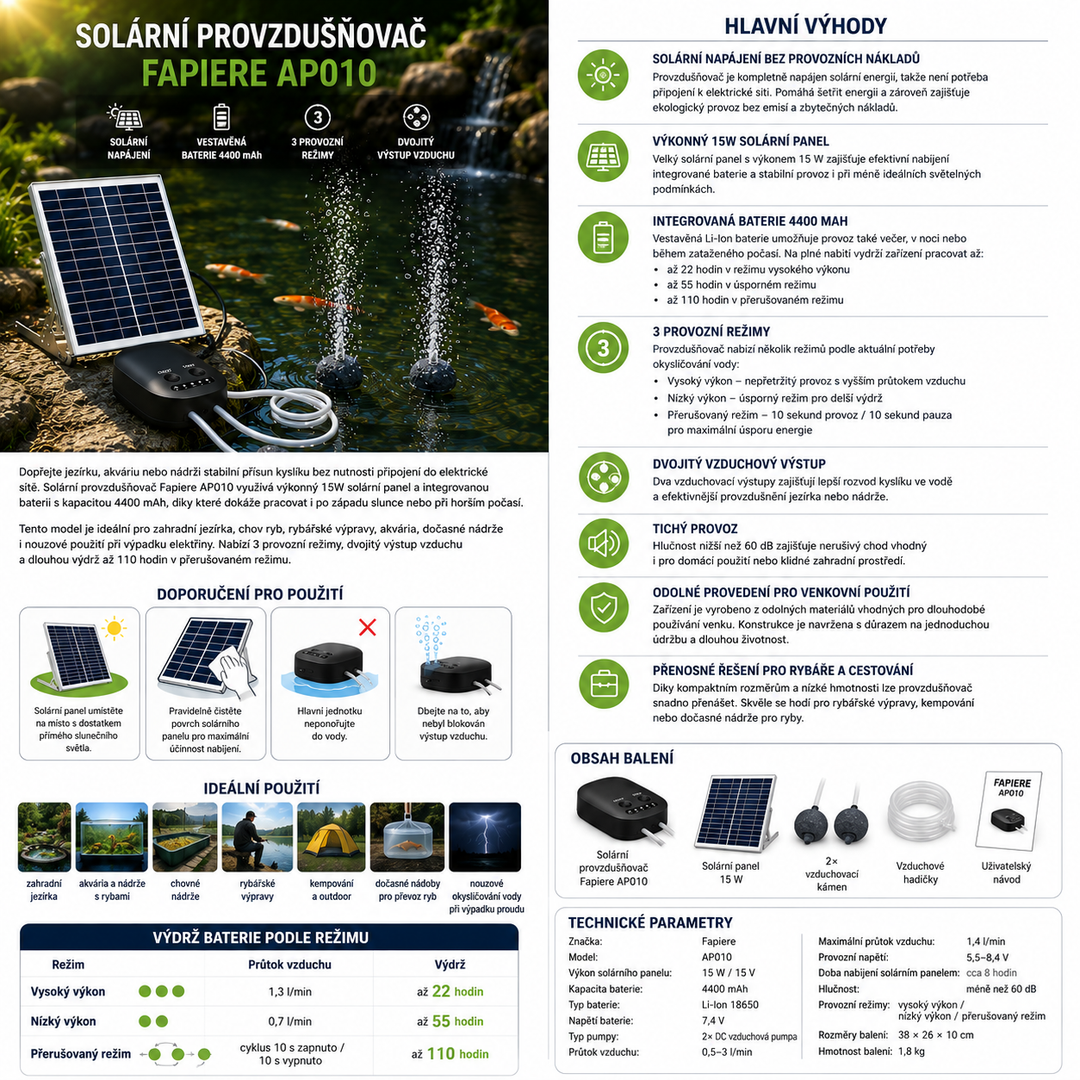 Solární provzdušňovač jezírka AP010 – 4400 mAh baterie, 3 režimy provozu, 15 W panel