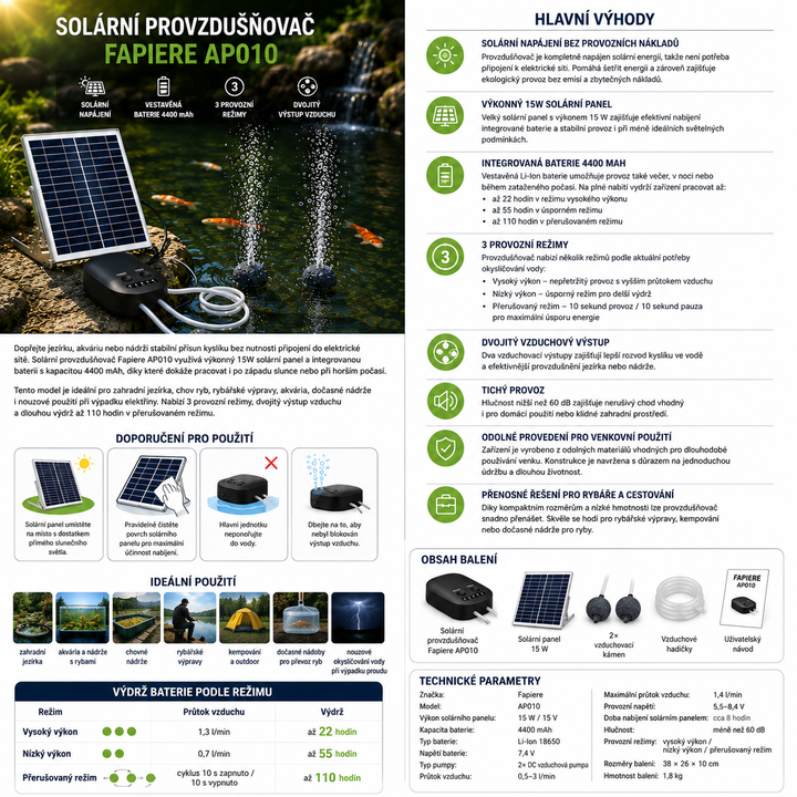 Solární provzdušňovač jezírka AP010 – 4400 mAh baterie, 3 režimy provozu, 15 W panel
