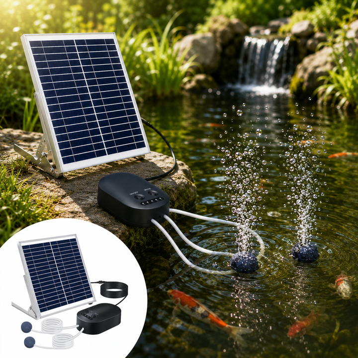 Solární provzdušňovač jezírka AP010 – 4400 mAh baterie, 3 režimy provozu, 15 W panel