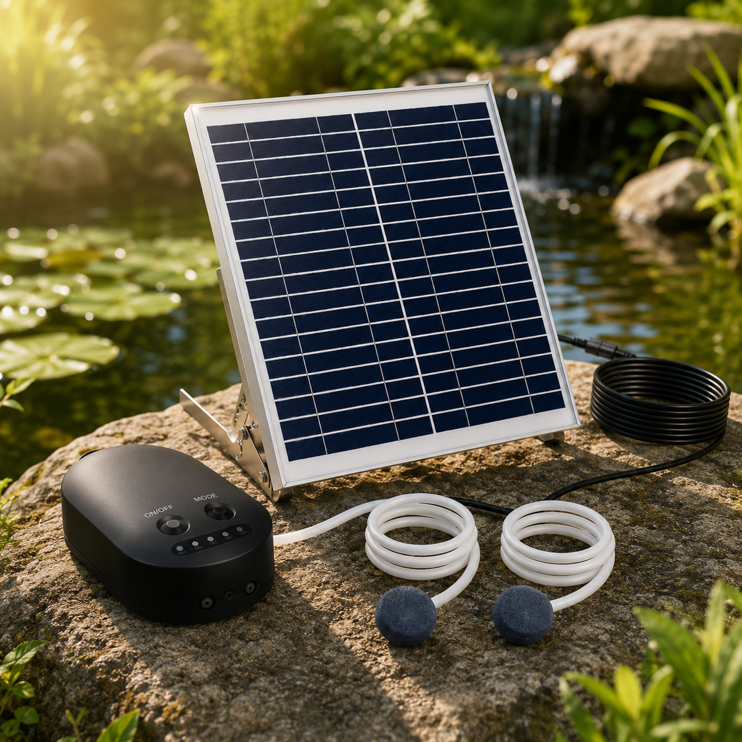 Solární provzdušňovač jezírka AP010 – 4400 mAh baterie, 3 režimy provozu, 15 W panel