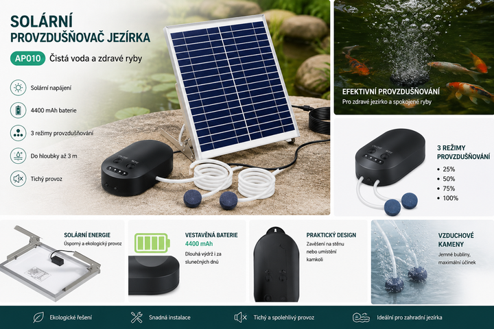 Solární provzdušňovač jezírka AP010 – 4400 mAh baterie, 3 režimy provozu, 15 W panel
