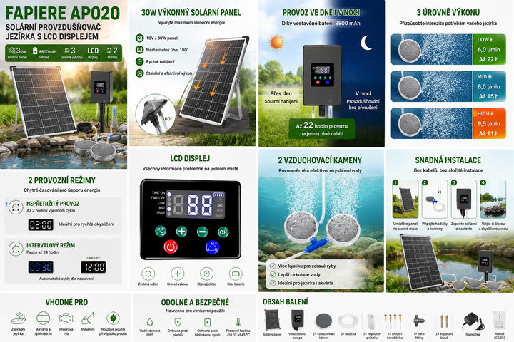 Solární provzdušňovač jezírka AP020 s LCD displejem – 30W panel, 8800mAh baterie, 2 režimy