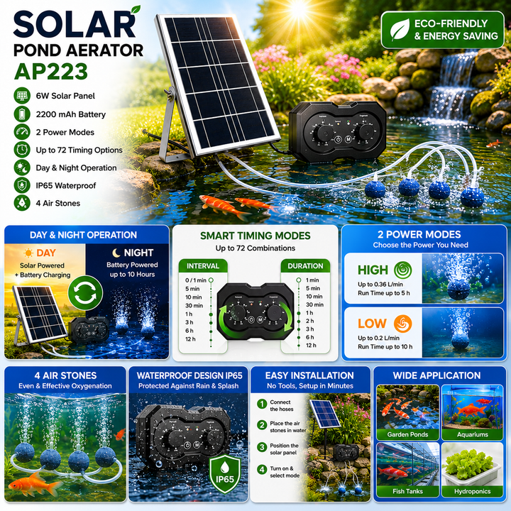 Solární provzdušňovač jezírka AP223 – 2200 mAh baterie, 2 režimy provozu, 72 časových režimů, 6W panel