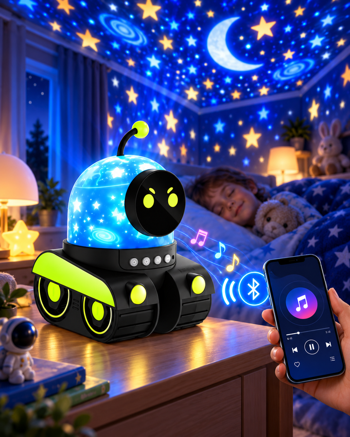 Dětský projektor noční oblohy ve tvaru tanku – 12 motivů, 84 světelných režimů a dobíjecí baterie, Bluetooth reproduktor