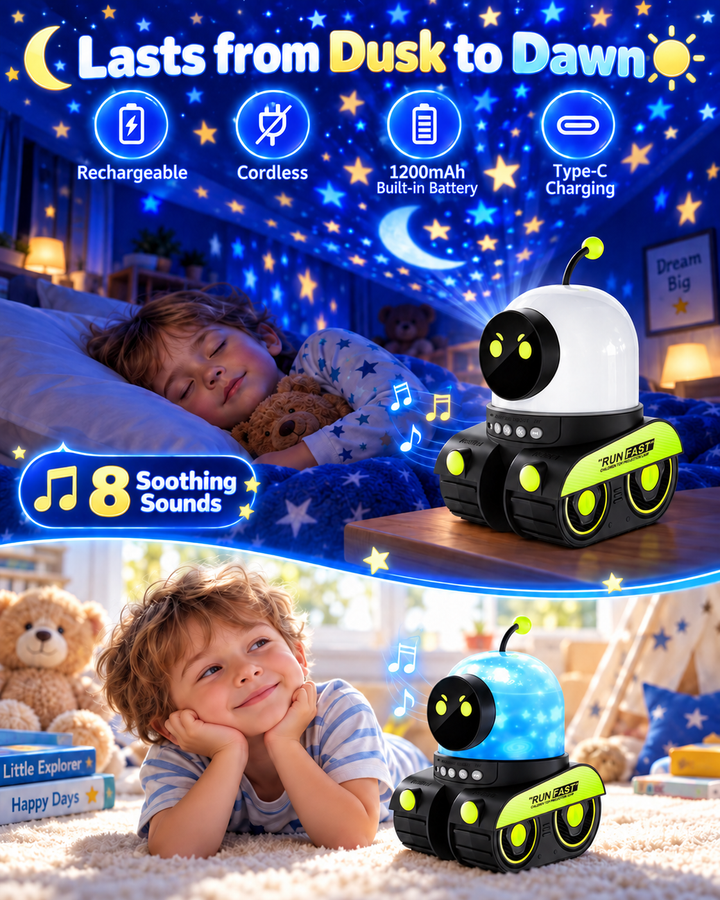 Dětský projektor noční oblohy ve tvaru tanku – 12 motivů, 84 světelných režimů a dobíjecí baterie, Bluetooth reproduktor