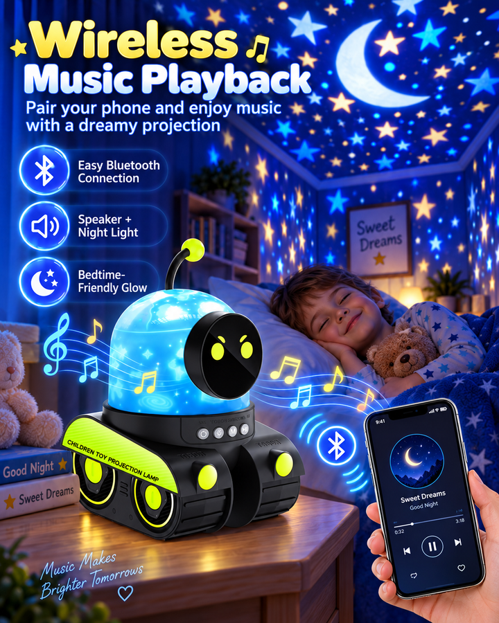 Dětský projektor noční oblohy ve tvaru tanku – 12 motivů, 84 světelných režimů a dobíjecí baterie, Bluetooth reproduktor