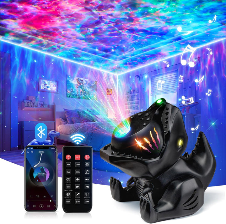 Dinosauří projektor hvězdné oblohy – 4v1 lampička s Bluetooth, hudbou a bílým šumem