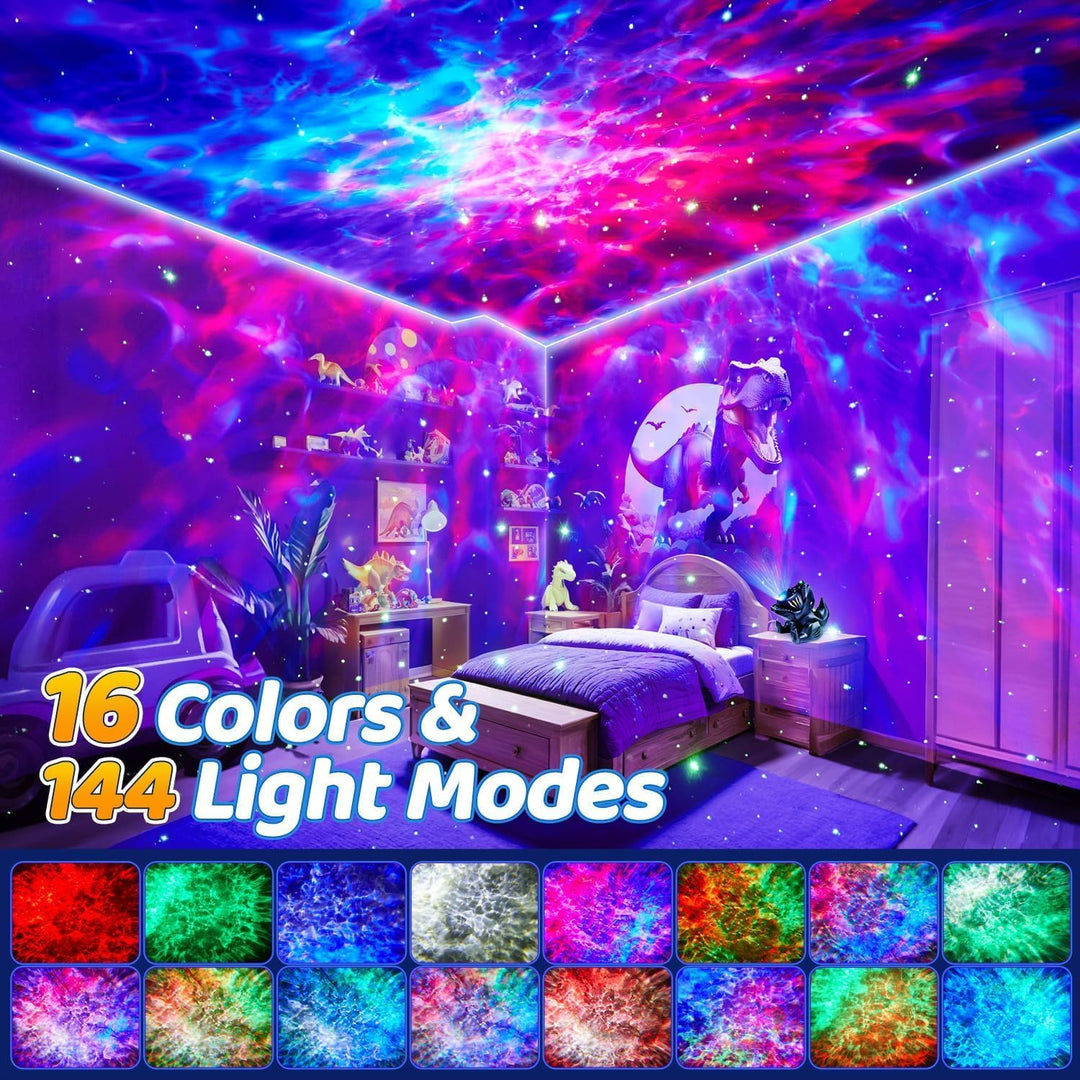 Dinosauří projektor hvězdné oblohy – 4v1 lampička s Bluetooth, hudbou a bílým šumem