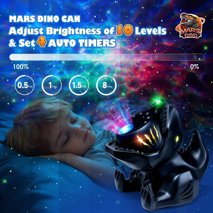 Dinosauří projektor hvězdné oblohy – 4v1 lampička s Bluetooth, hudbou a bílým šumem