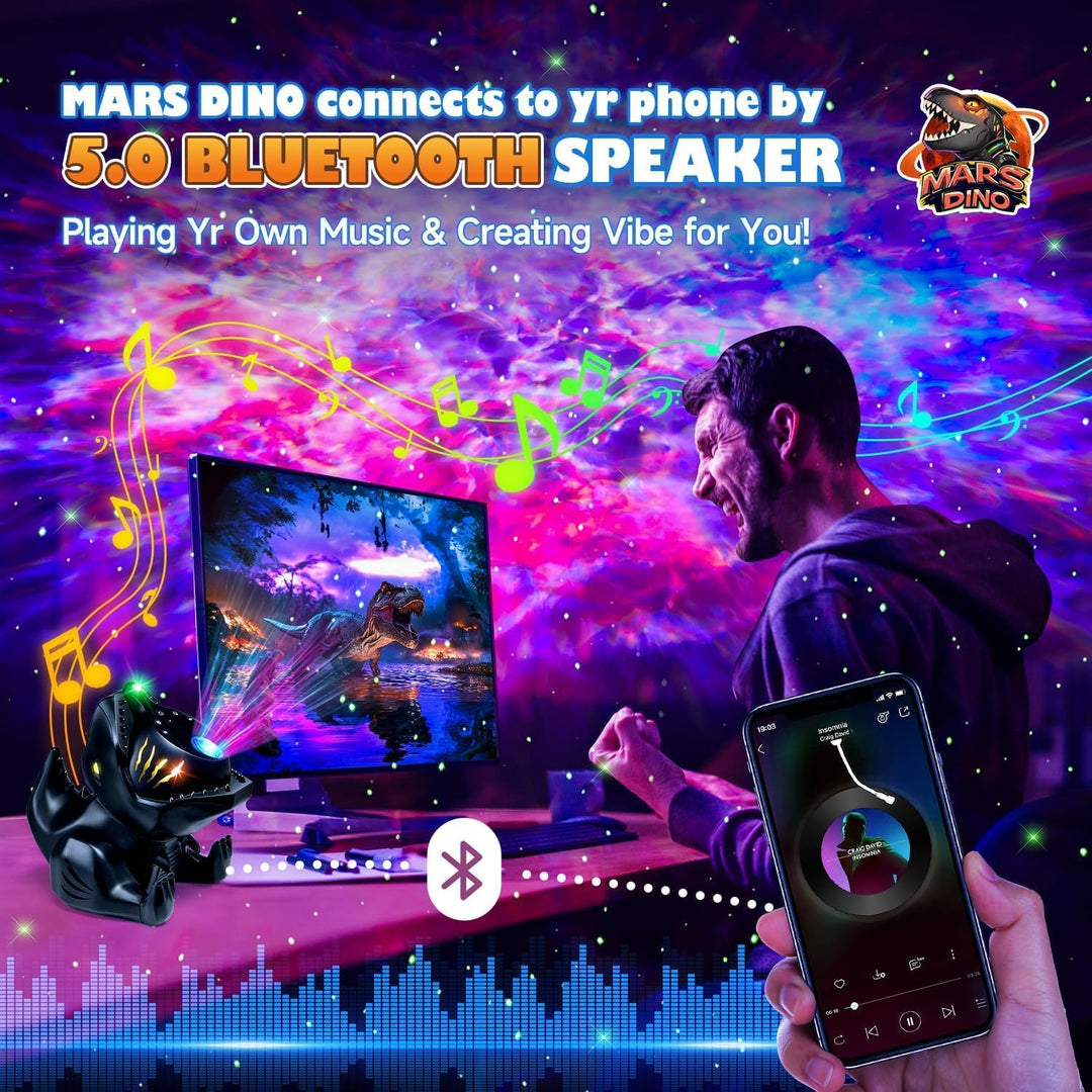 Dinosauří projektor hvězdné oblohy – 4v1 lampička s Bluetooth, hudbou a bílým šumem