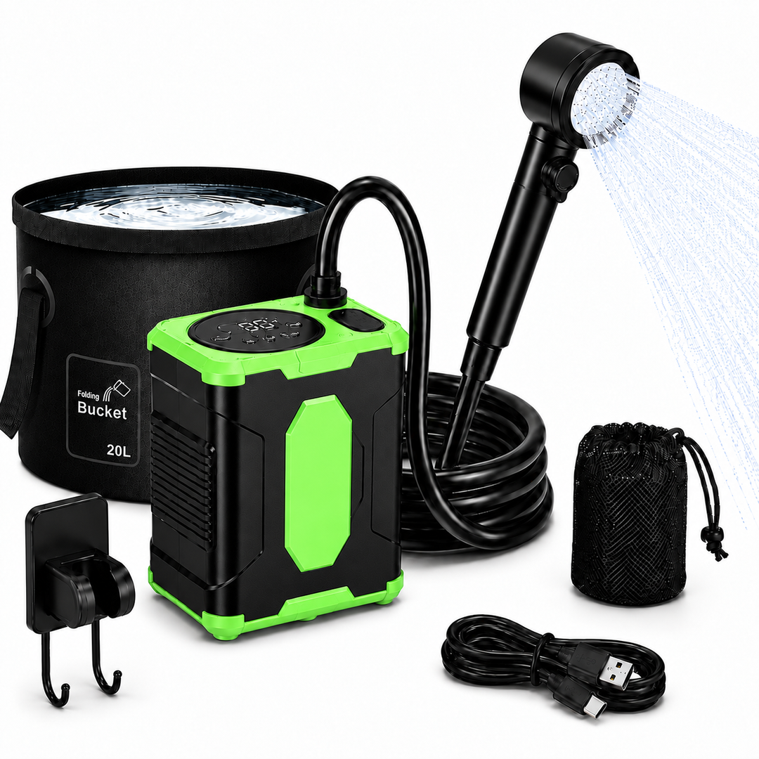 Fapiere Přenosná kempingová sprcha 26A s baterií 10000 mAh a LCD displejem, s kbelíkem, světle zelená