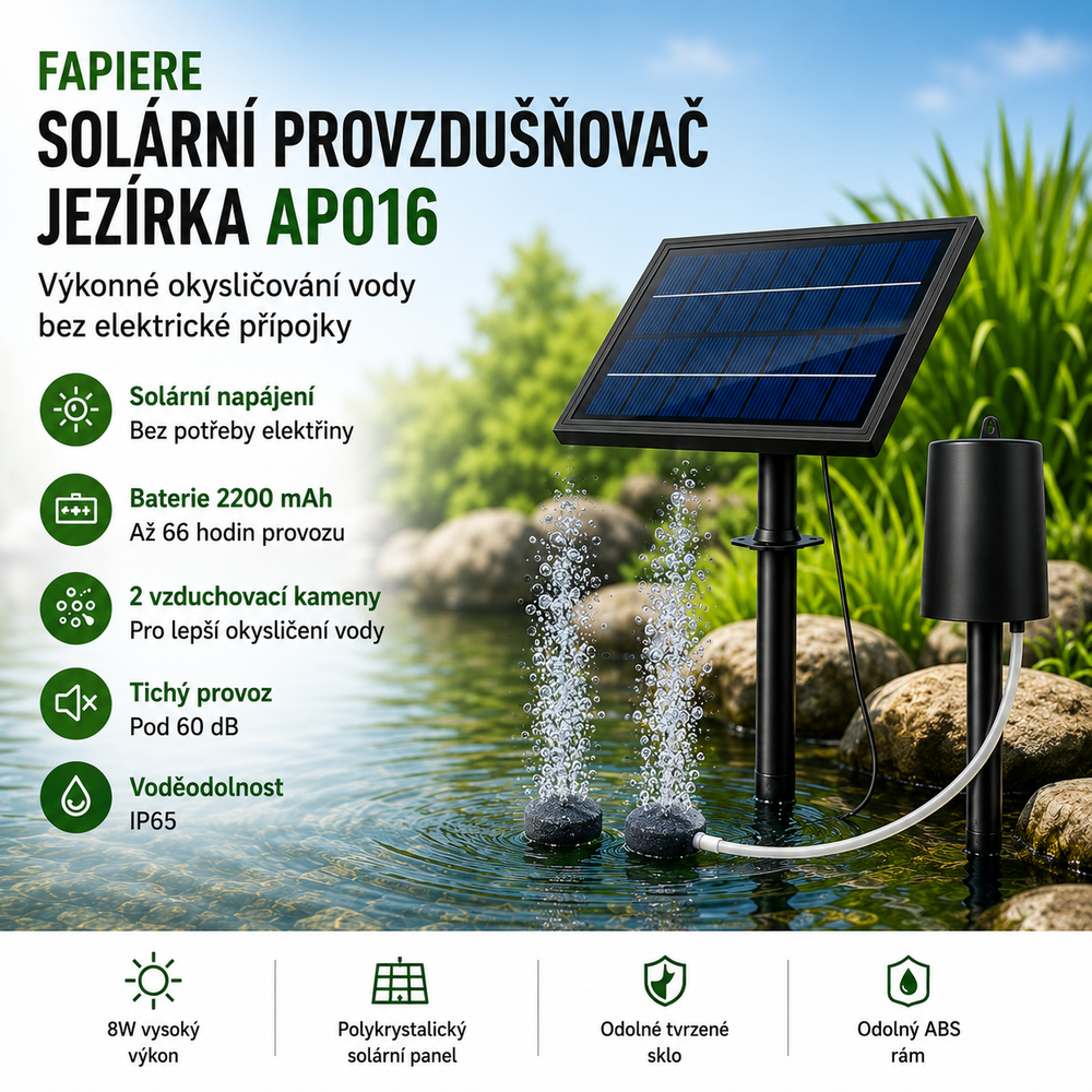 Fapiere Solární provzdušňovač jezírka AP016 – 2200 mAh baterie, 3 režimy, 8 W
