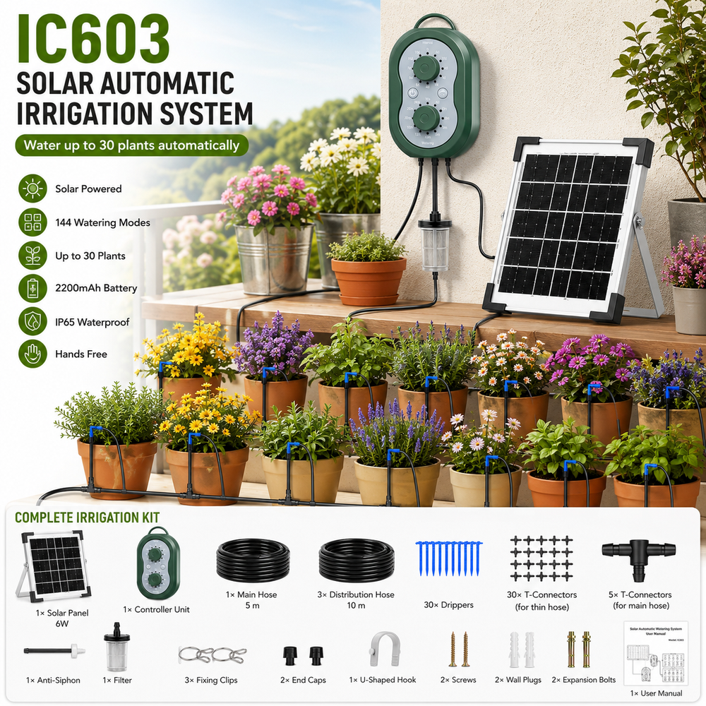 Fapiere Solární zavlažovací systém IC603 pro 30 rostlin - 144 režimů zavlažování, časovač
