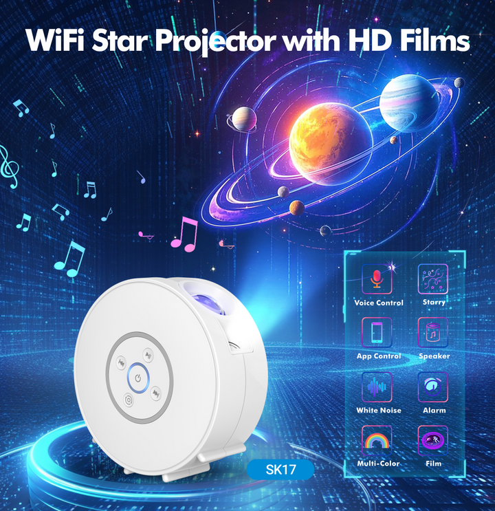 Projektor galaxie a nočnej oblohy – 6 kaziet so snímkami, Bluetooth reproduktor, ovládanie pomocou aplikácie