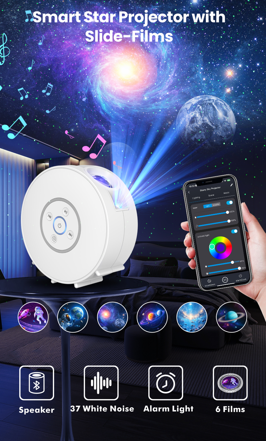 Projektor galaxie a nočnej oblohy – 6 kaziet so snímkami, Bluetooth reproduktor, ovládanie pomocou aplikácie