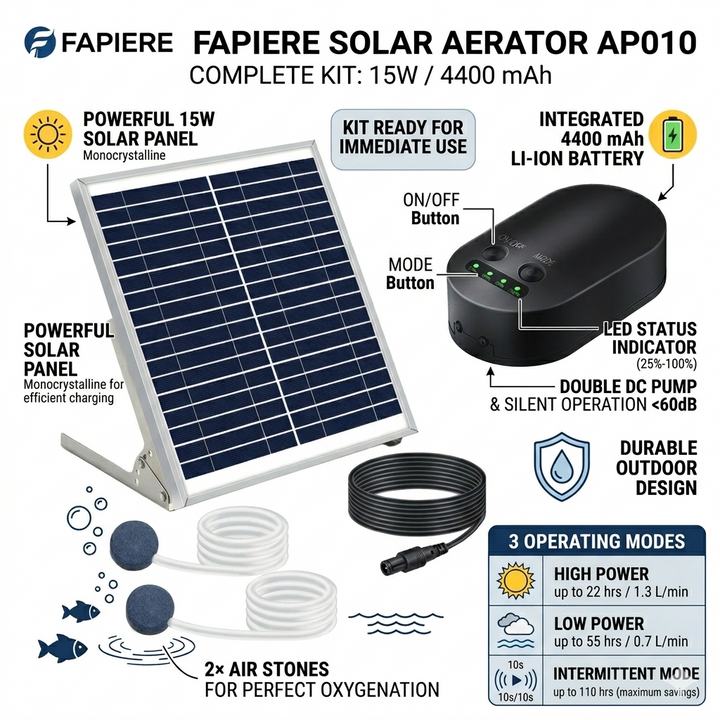 Solární provzdušňovač jezírka AP010 – 4400 mAh baterie, 3 režimy provozu, 15 W panel