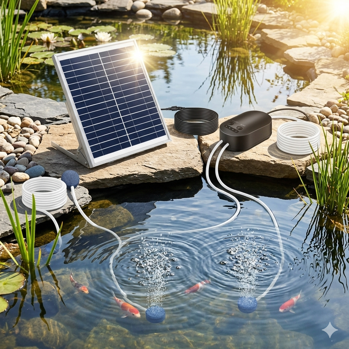 Solární provzdušňovač jezírka AP010 – 4400 mAh baterie, 3 režimy provozu, 15 W panel
