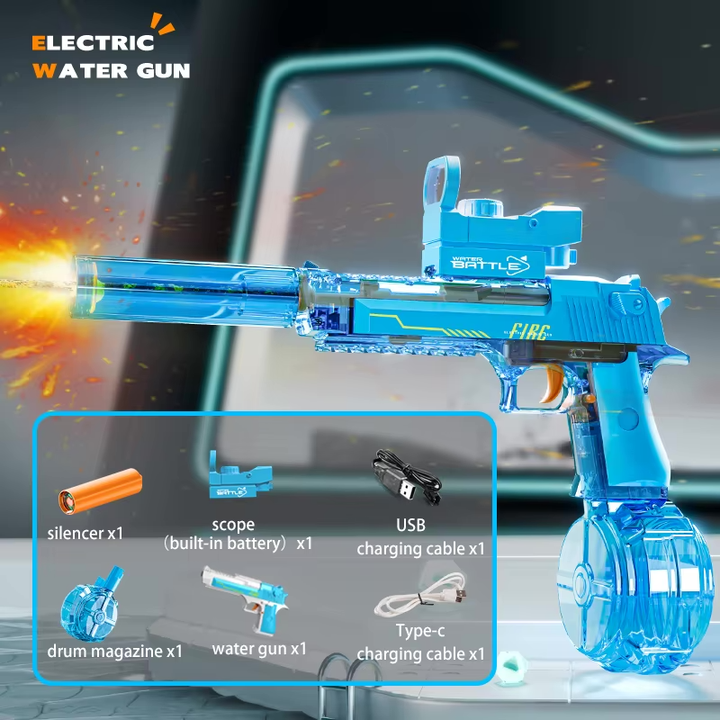 Elektrická vodní pistole DESERT EAGLE – transparentní provedení, světelné efekty, dostřel 8–10 m, 425 ml zásobník