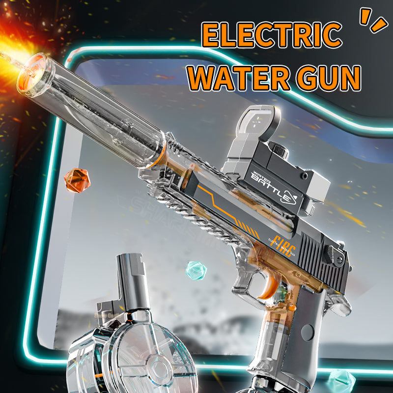 Elektrická vodní pistole DESERT EAGLE – transparentní provedení, světelné efekty, dostřel 8–10 m, 425 ml zásobník