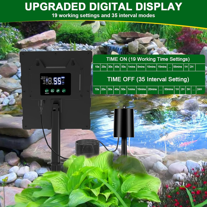 Solární provzdušňovač jezírka s LCD displejem AP221 – 2200 mAh baterie, 3 stupně výkonu, programovatelný časovač, 3W panel