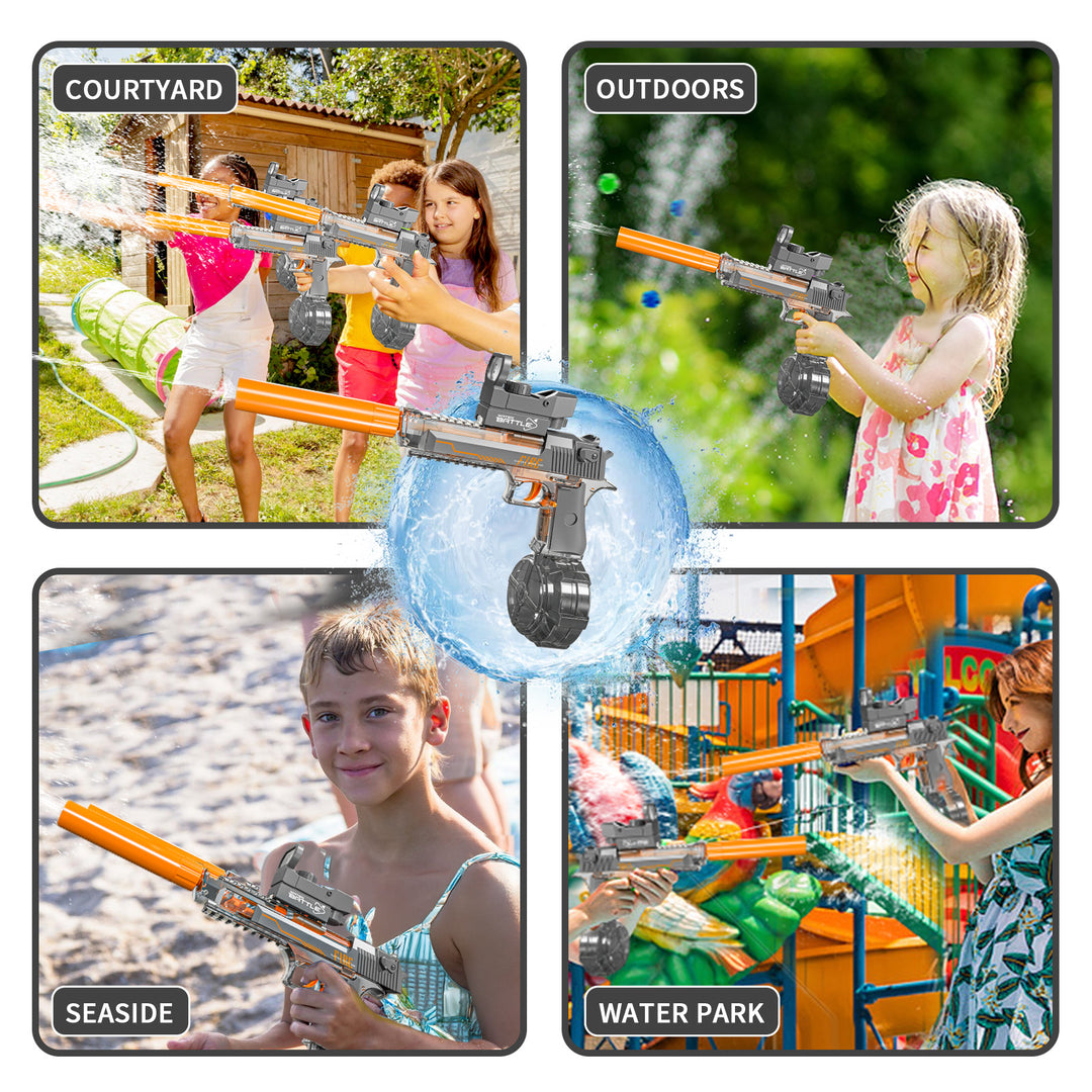 Elektrická vodní pistole DESERT EAGLE – transparentní provedení, světelné efekty, dostřel 8–10 m, 425 ml zásobník