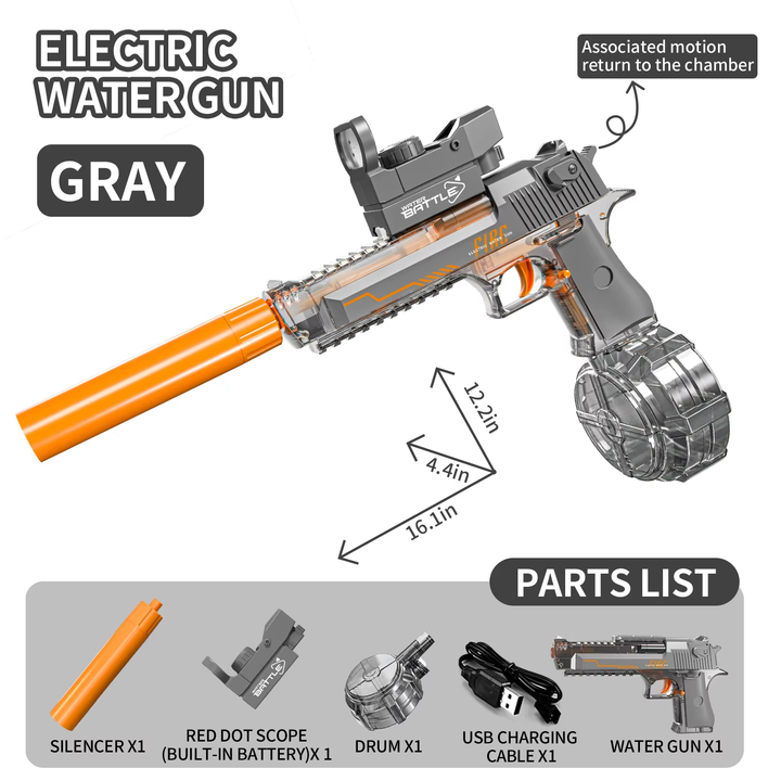 Elektrická vodní pistole DESERT EAGLE – transparentní provedení, světelné efekty, dostřel 8–10 m, 425 ml zásobník
