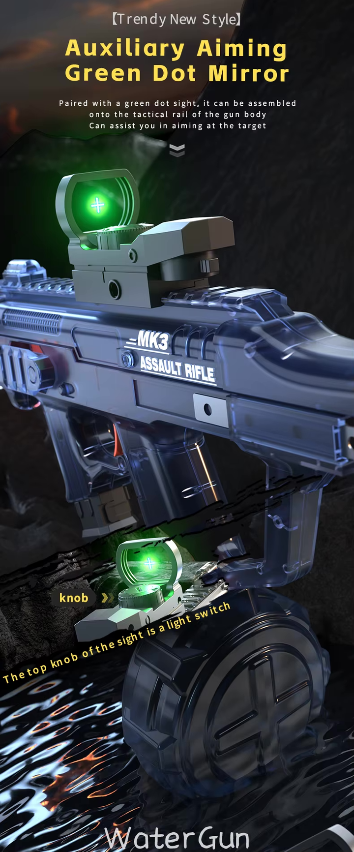 Elektrická vodní pistole MK3 - dostřel 8-10 m, 270 ml zásobník, 800 mAh baterie