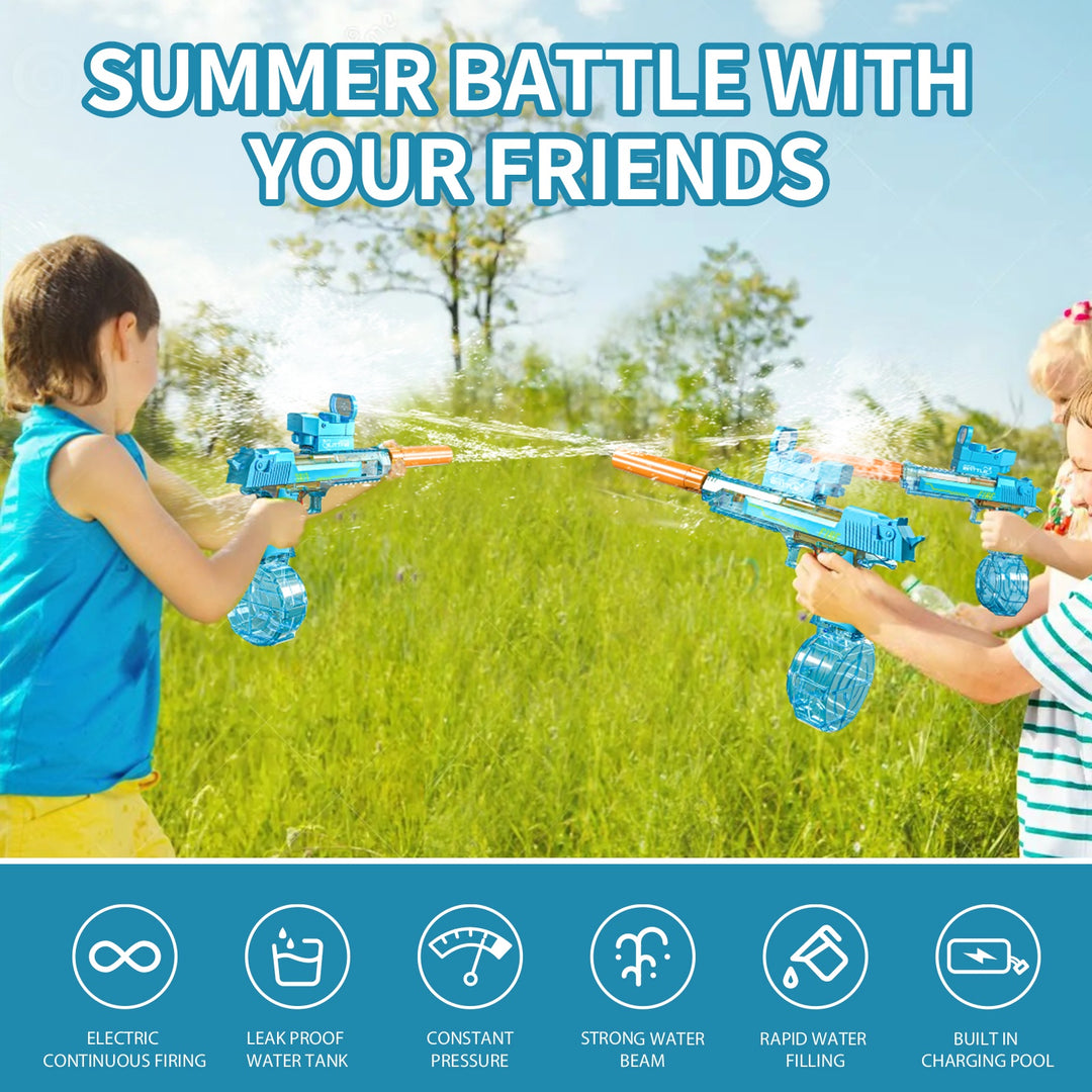 Elektrická vodní pistole DESERT EAGLE – transparentní provedení, světelné efekty, dostřel 8–10 m, 425 ml zásobník