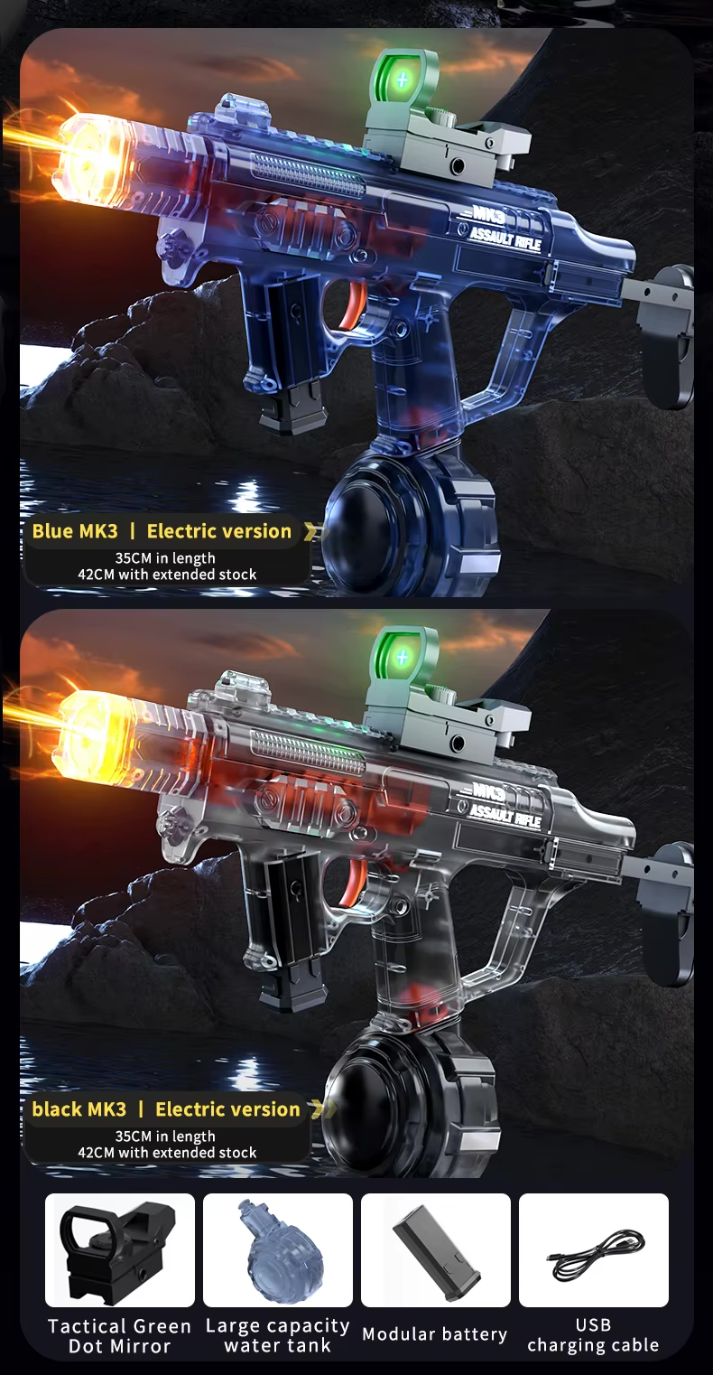 Elektrická vodní pistole MK3 - dostřel 8-10 m, 270 ml zásobník, 800 mAh baterie