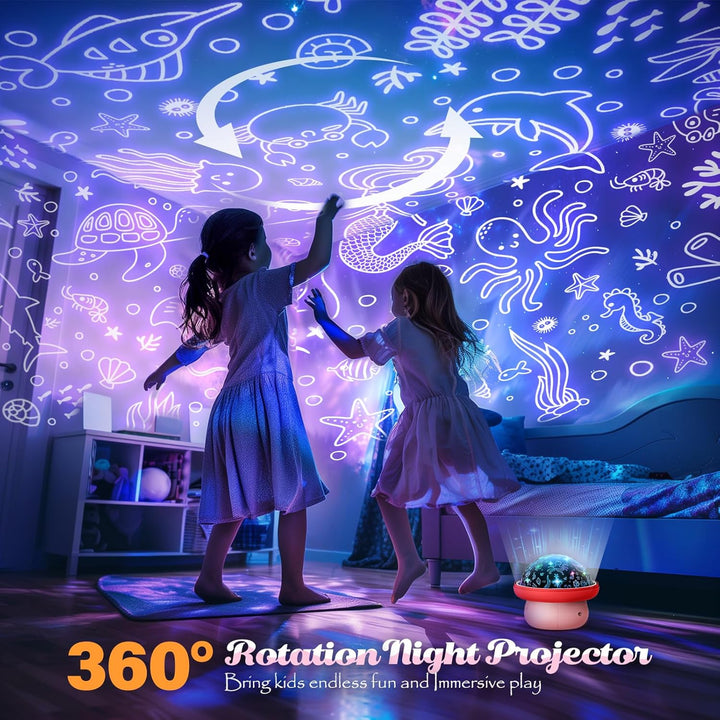 Hapikids Projektor noční oblohy 4v1 – Jednorožec, Moře a Hvězdy, noční světlo s rotací 360° a USB napájením, červená