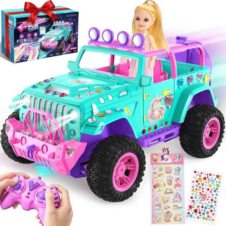 HappyGoLucky RC auto s panenkou a samolepkami – dálkově ovládané SUV pro děti