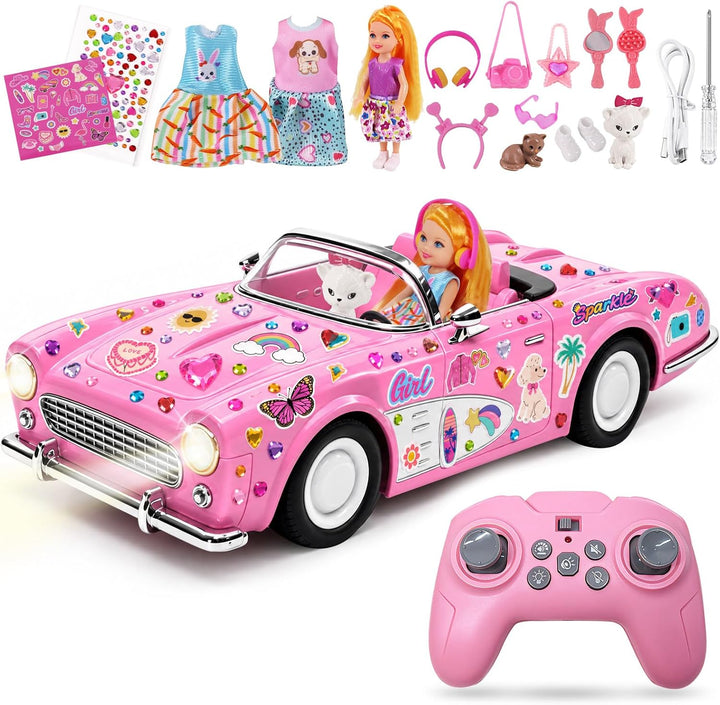 HappyGoLucky RC kabriolet s panenkou WJ121728 – růžové auto, módní doplňky a samolepky