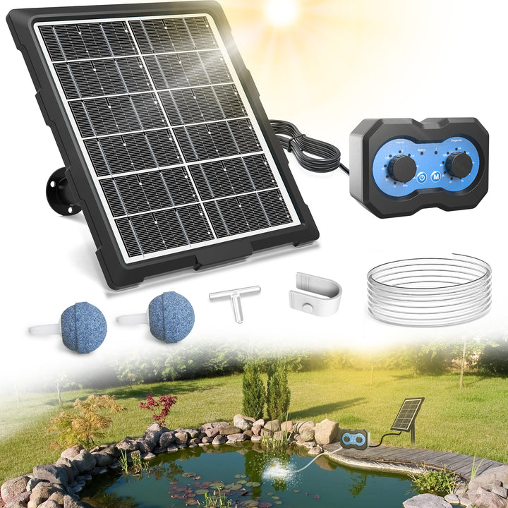Solární provzdušňovač jezírka AP222 – 2200 mAh baterie, 2 režimy výkonu, 72 časových režimů, 3W panel