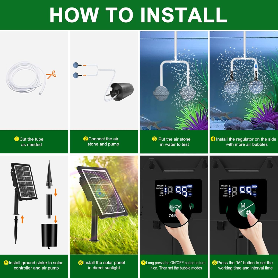 Solární provzdušňovač jezírka s LCD displejem AP221 – 2200 mAh baterie, 3 stupně výkonu, programovatelný časovač, 3W panel