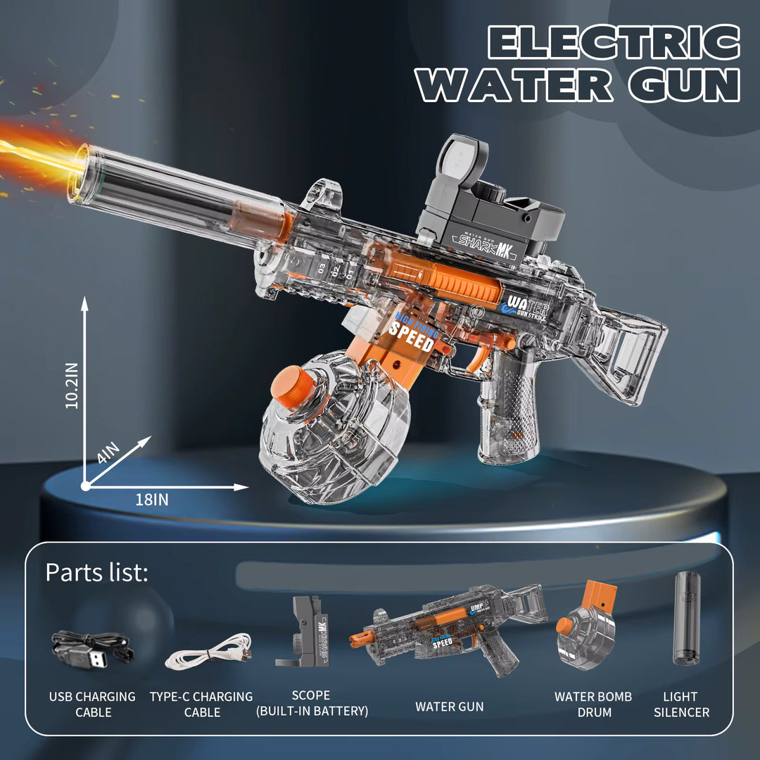 BATTLE Elektrická vodní pistole UMP45 – světelné efekty, dostřel 8–10 m, 350 ml zásobník, 500 mAh baterie