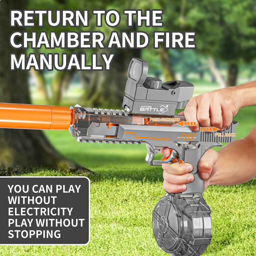 Elektrická vodní pistole DESERT EAGLE – transparentní provedení, světelné efekty, dostřel 8–10 m, 425 ml zásobník