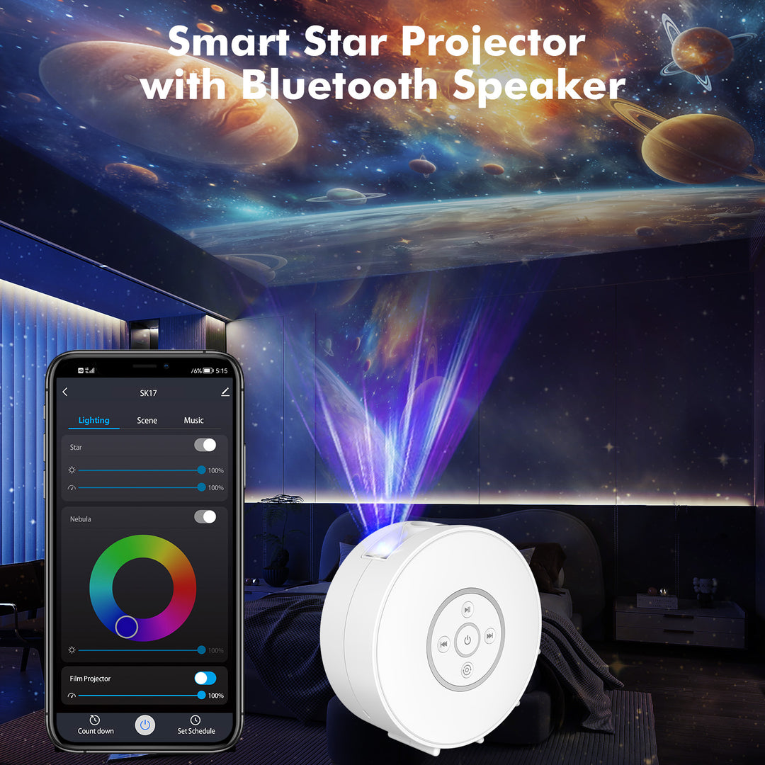 Projektor galaxie a nočnej oblohy – 6 kaziet so snímkami, Bluetooth reproduktor, ovládanie pomocou aplikácie