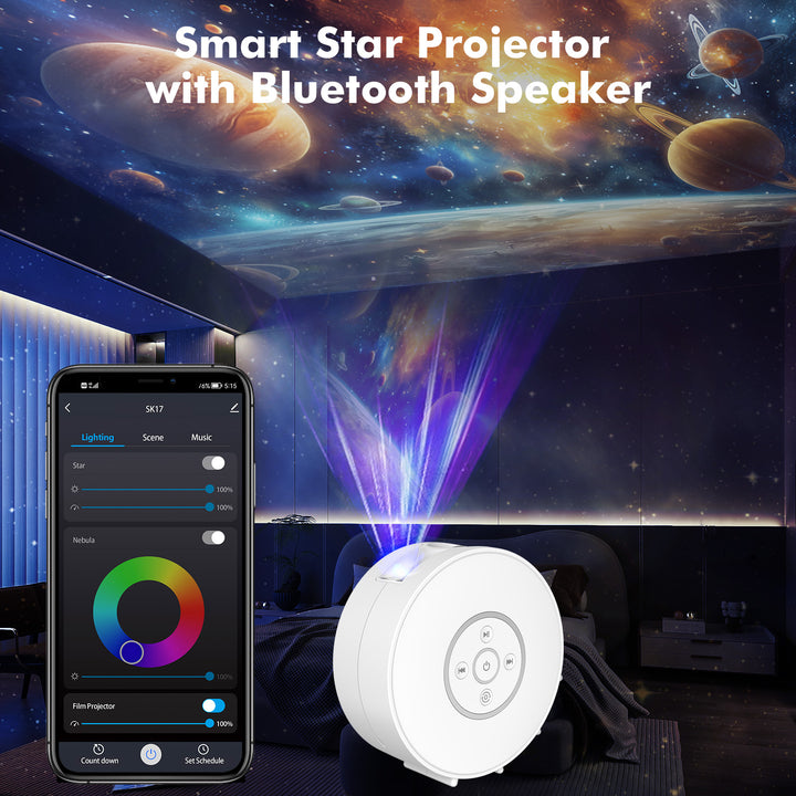 Projektor galaxie a nočnej oblohy – 6 kaziet so snímkami, Bluetooth reproduktor, ovládanie pomocou aplikácie